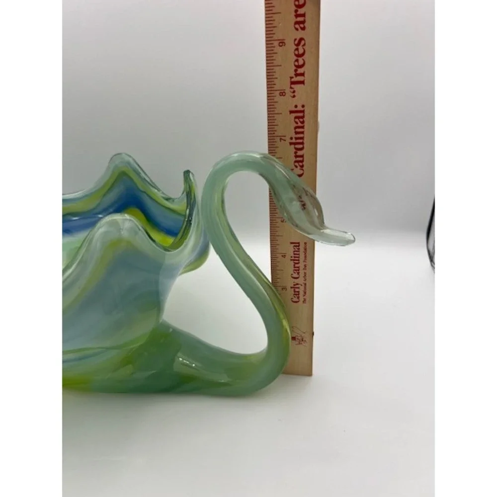 Vintage Art Glass Swan Bowl Blue Green Yellow Swirl Ruffled Edge Centerpiece